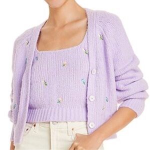 English Factory Lavender Floral Embroidered Knit Top and Cardigan Set